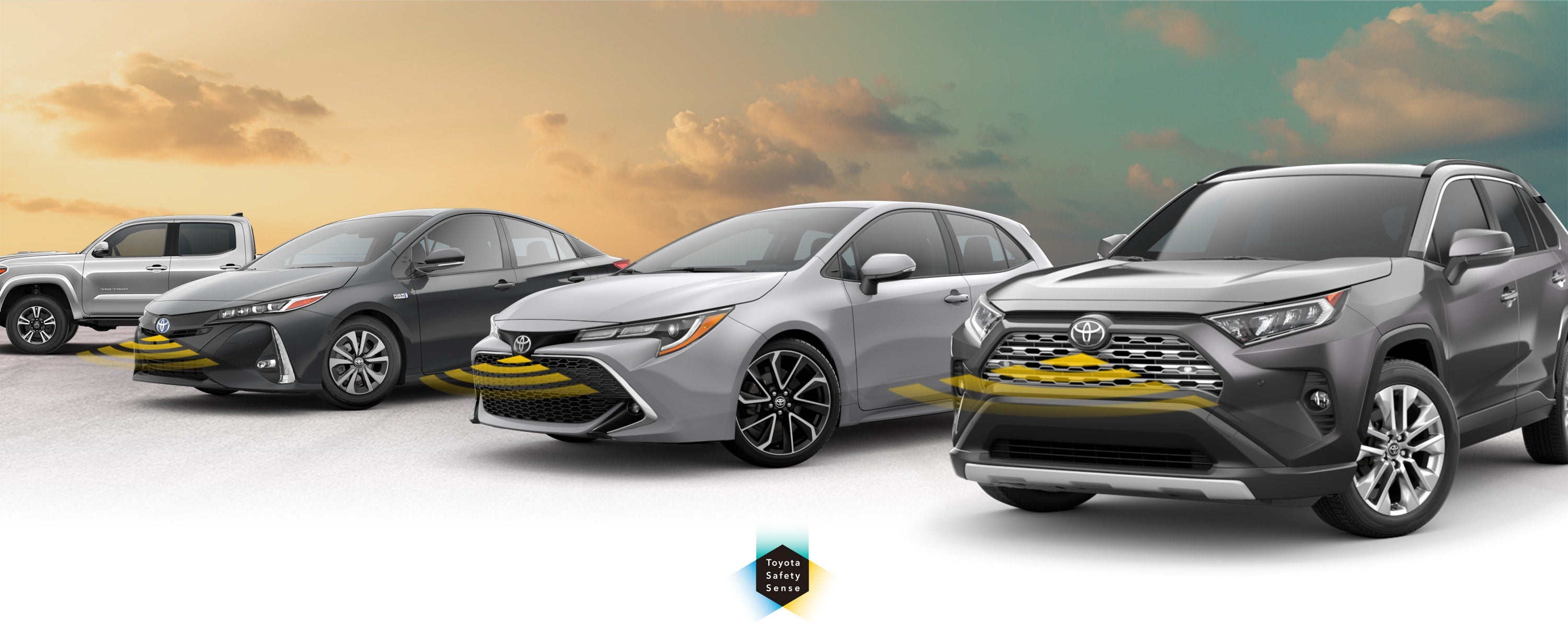 Toyota Safety Sense: Designed for Safety. Options shown on Toyota models including RAV4, Tacoma, and Camry, available now at Lum's Toyota in Warrenton OR.